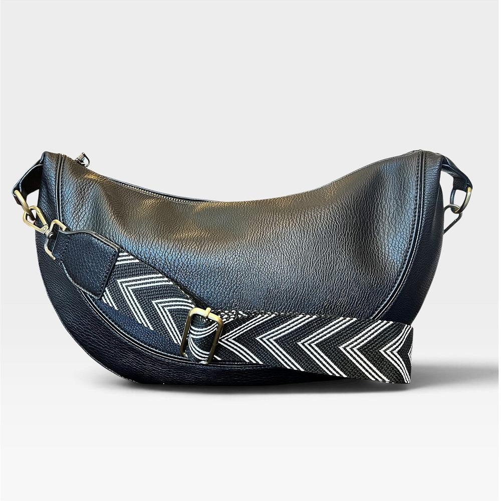 Urban Originals Anthropologie Black Vegan Leather Crescent Bag Chevron Strap